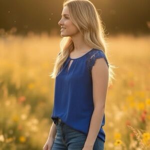 NWT EXPRESS Royal Blue Lace Accent Blouse Size Medium Classy Chic Office